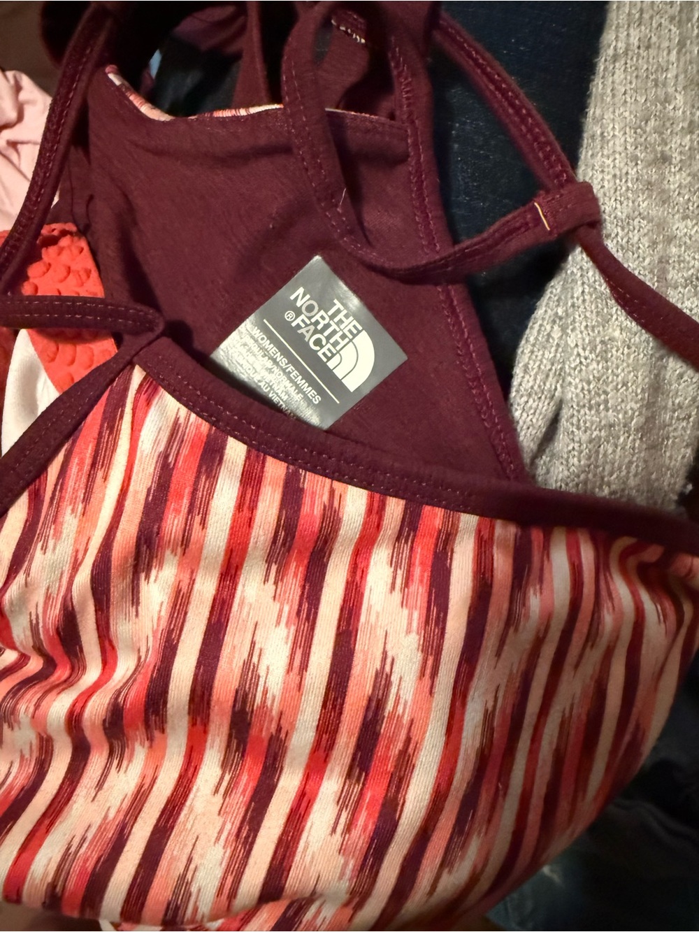 The North Face Women's Patterned Sports Bra — Burgundy and Pink/Red Stripes
